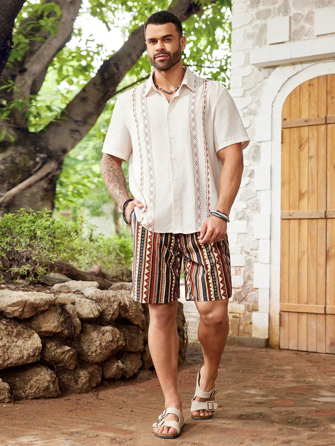 Men's Plus Size Boho Tribal Print Vacation Shorts with Pockets, Drawstring Waist