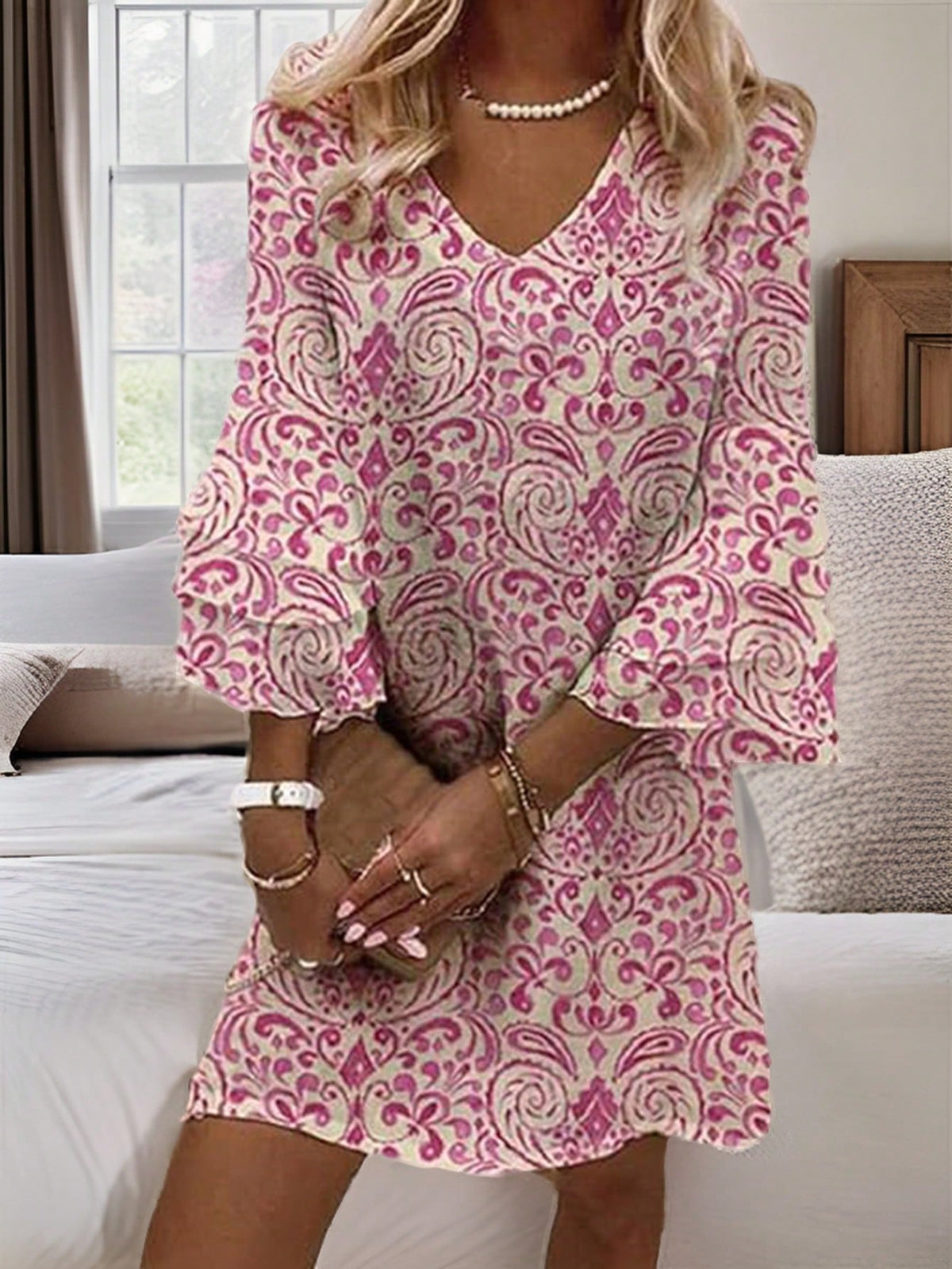 Boho V-Neck Tunic Dress - Printed, Ruffle Sleeve, Knee Length, Loose Fit, 100% Polyester