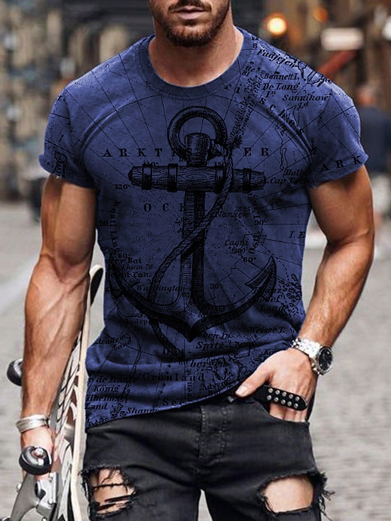 Men's Graphic Print Slim Fit Casual T-Shirt, Short Sleeve, Round Neck