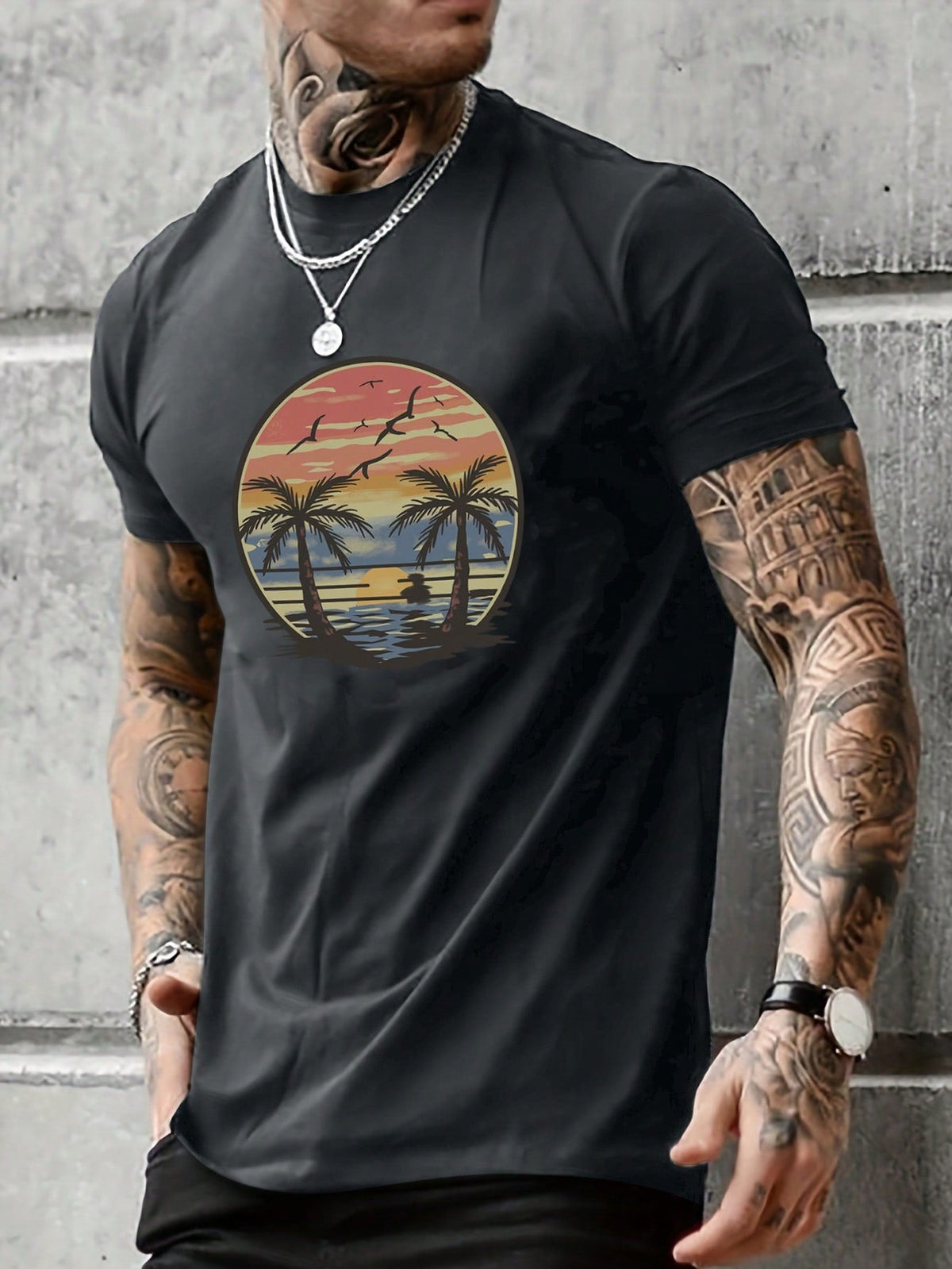 Men's Palm Tree Print Round Neck Short Sleeve Casual T-Shirt