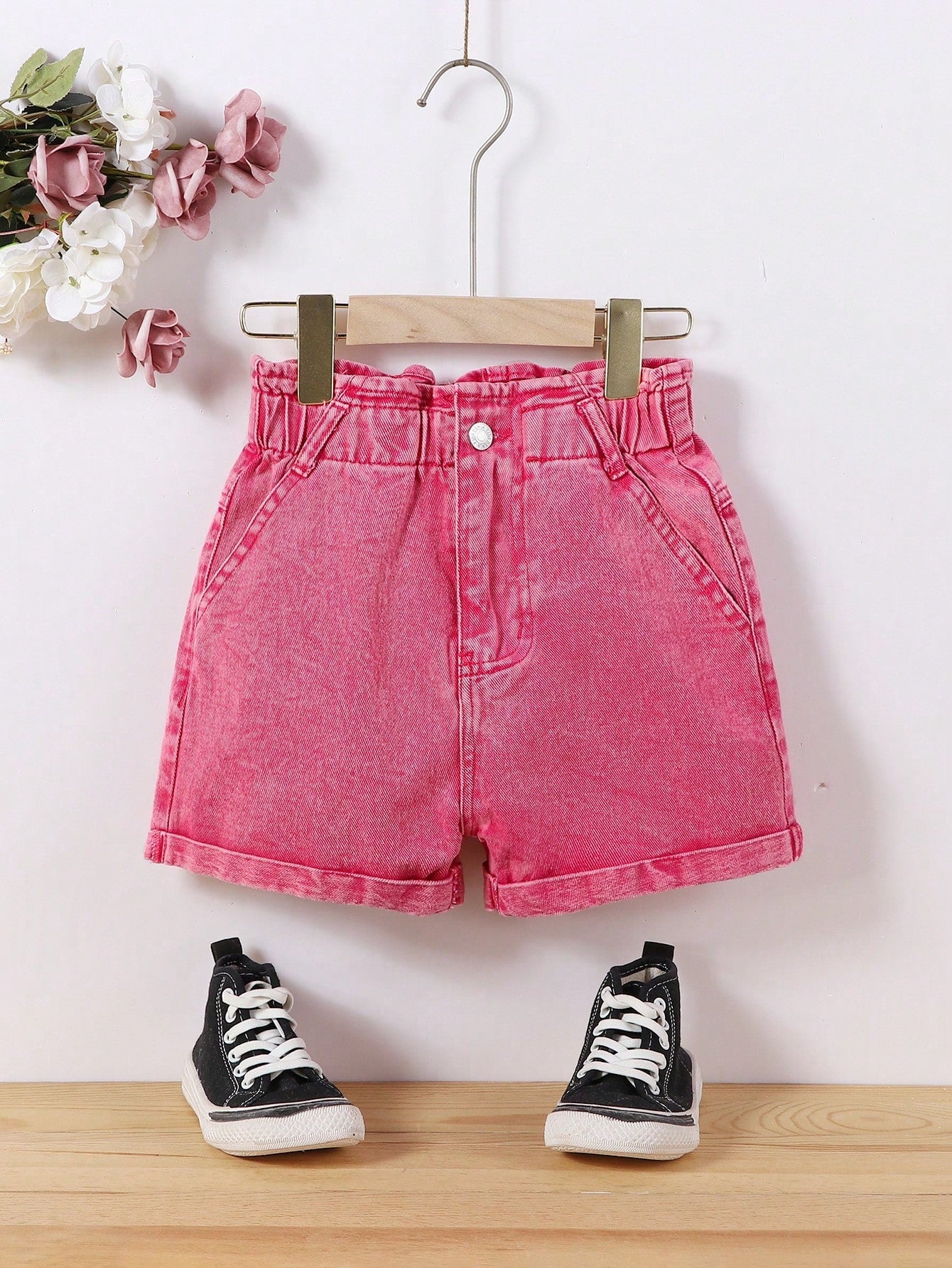 Tween Girl Boho Denim Shorts - High Waist, Paperbag, Pockets, Zipper Fly