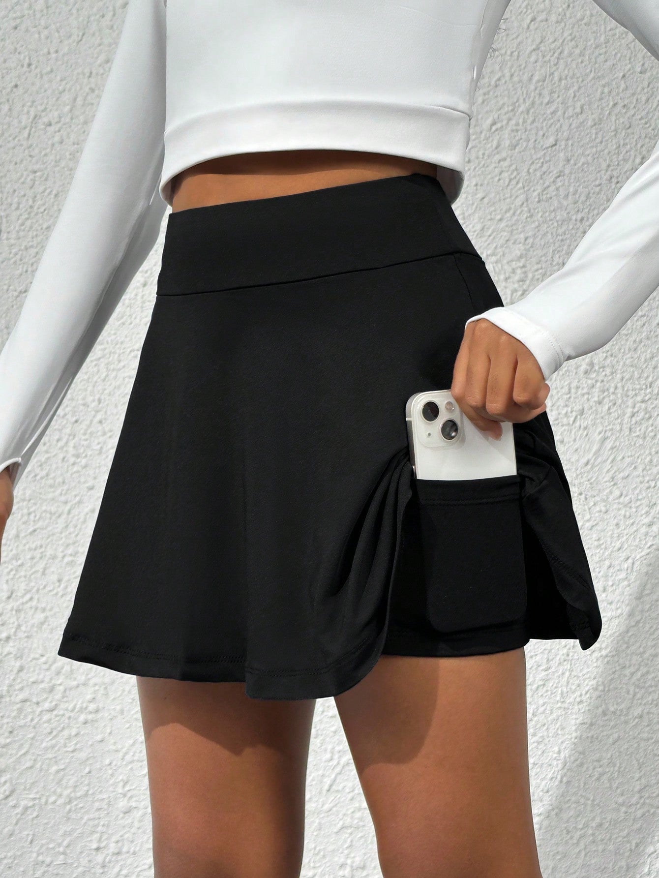 Tween Girl Solid Active Skort with Phone Pocket - High Stretch, Elastic Waist, Zipper Details