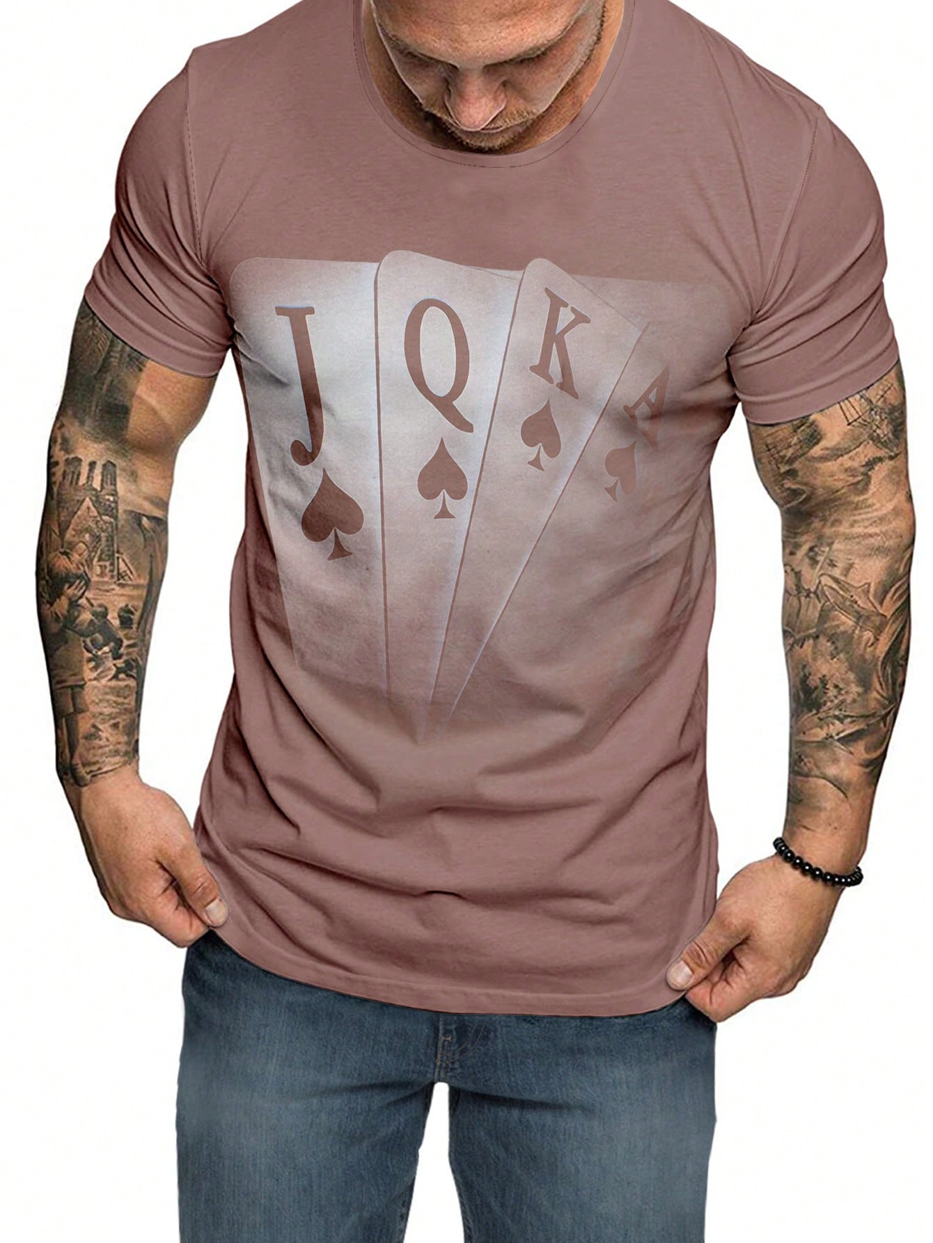 Men's Casual Playing Card Print Tee, Round Neck, Short Sleeve, Medium Stretch