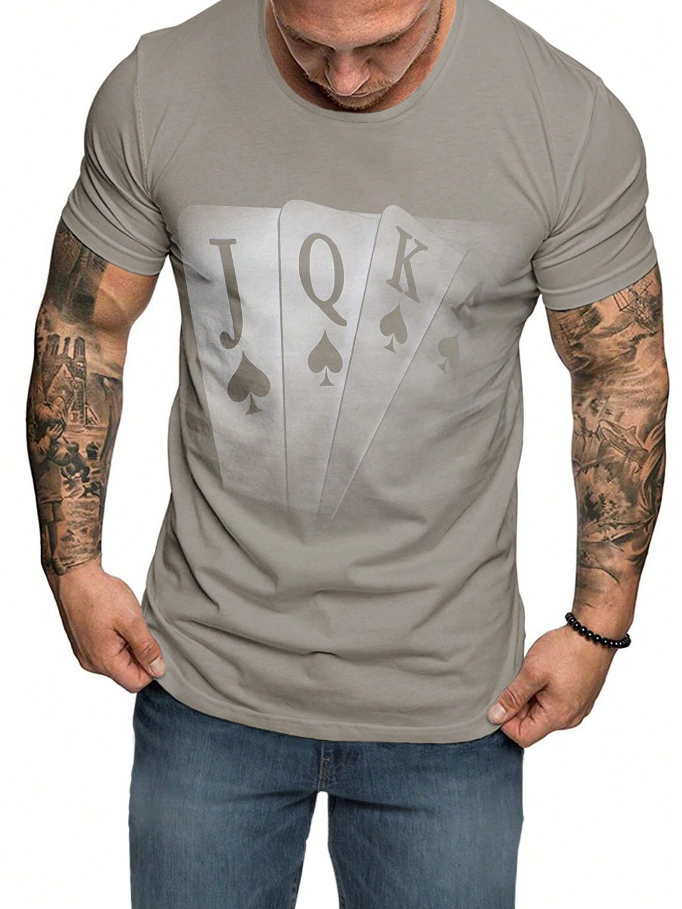 Men's Casual Playing Card Print Tee, Round Neck, Short Sleeve, Medium Stretch