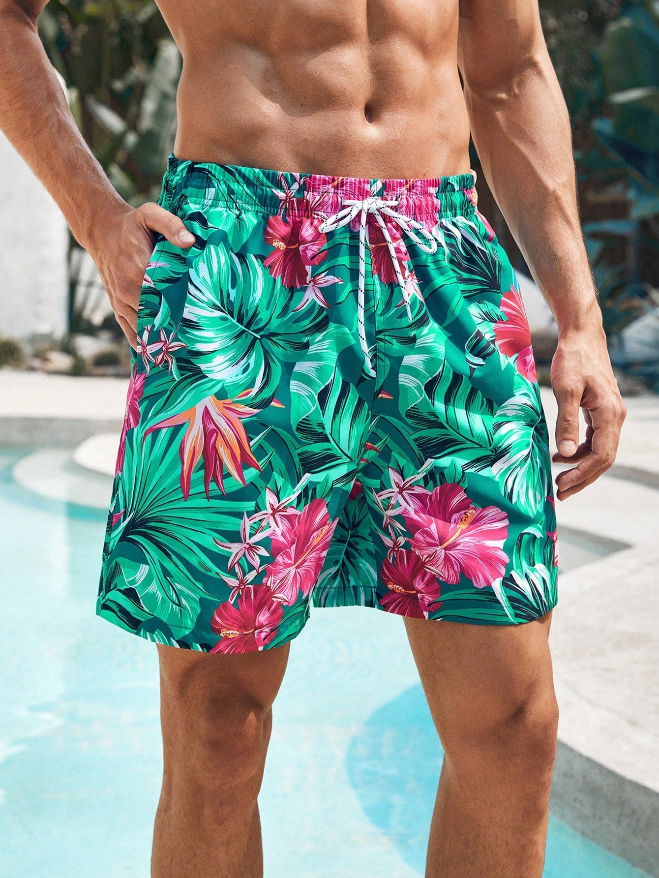 Boho Tropical Plant Print Drawstring Beach Shorts for Women & Men - 100% Polyester