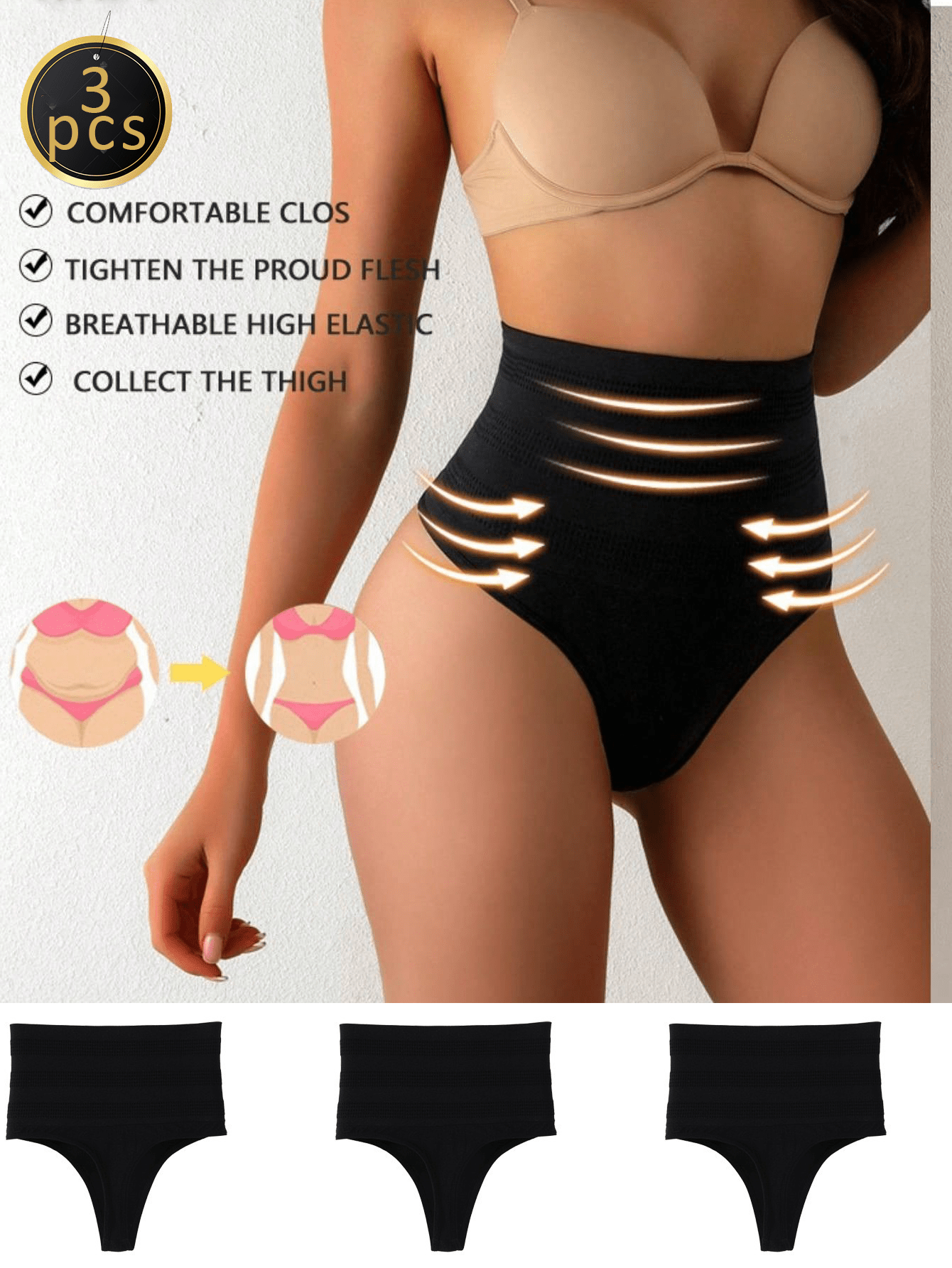 3-Pack High Waist Tummy Control Seamless Thong Panties with Butt Lift