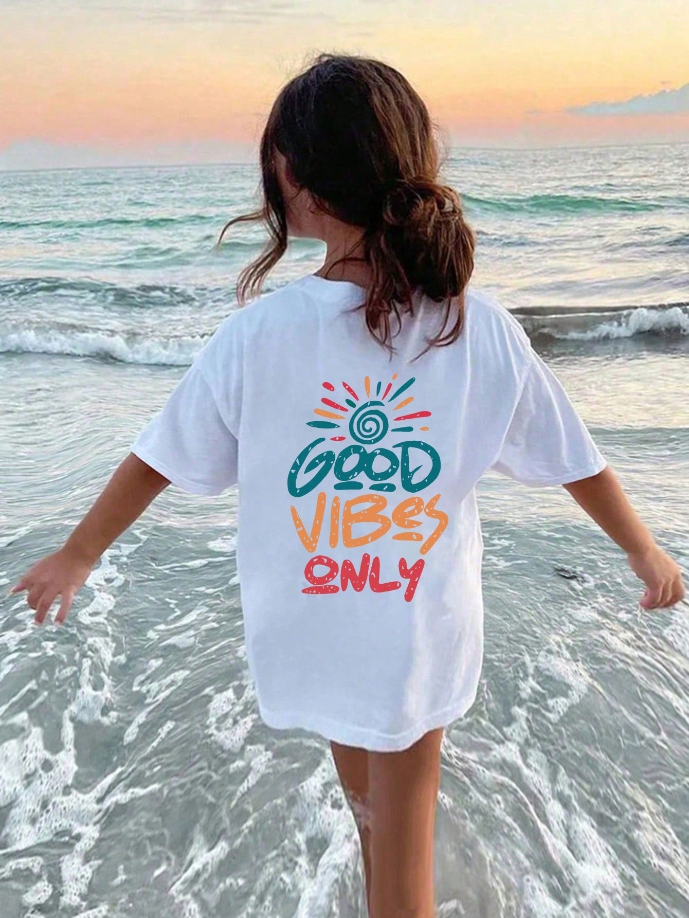 Tween Girl Casual Slogan Print Round Neck Short Sleeve Summer T-Shirt - Knitted Fabric