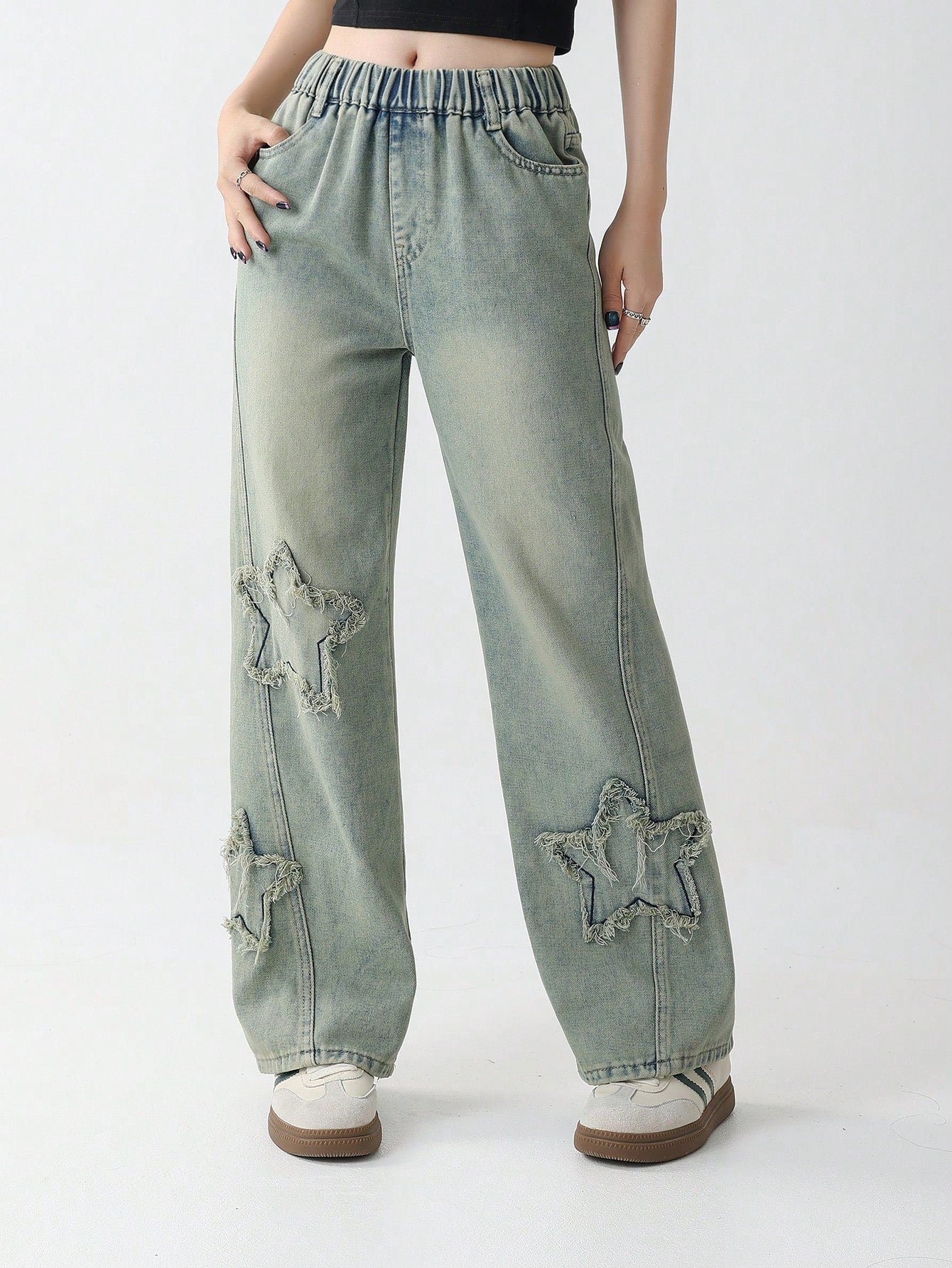 Tween Girl Blue Denim Star Jeans, Frayed Hem, Wide-Leg, Elastic Waist, Ripped Details