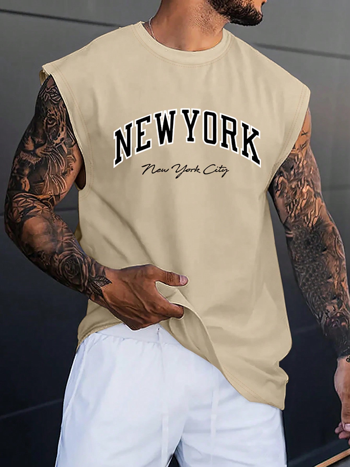 Men's Casual Letter Print Sleeveless Round Neck Tank Top, Knitted Fabric