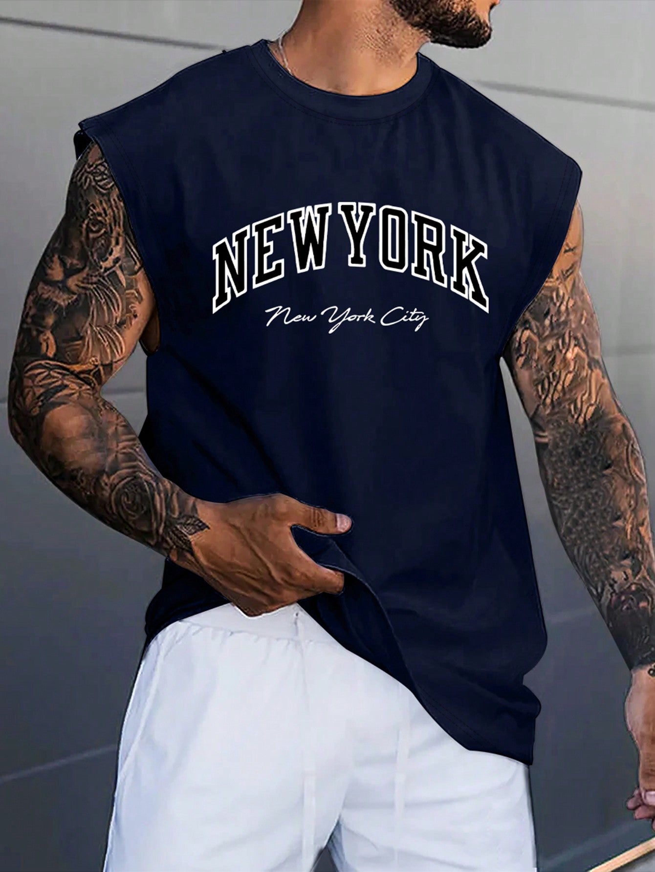 Men's Casual Letter Print Sleeveless Round Neck Tank Top, Knitted Fabric