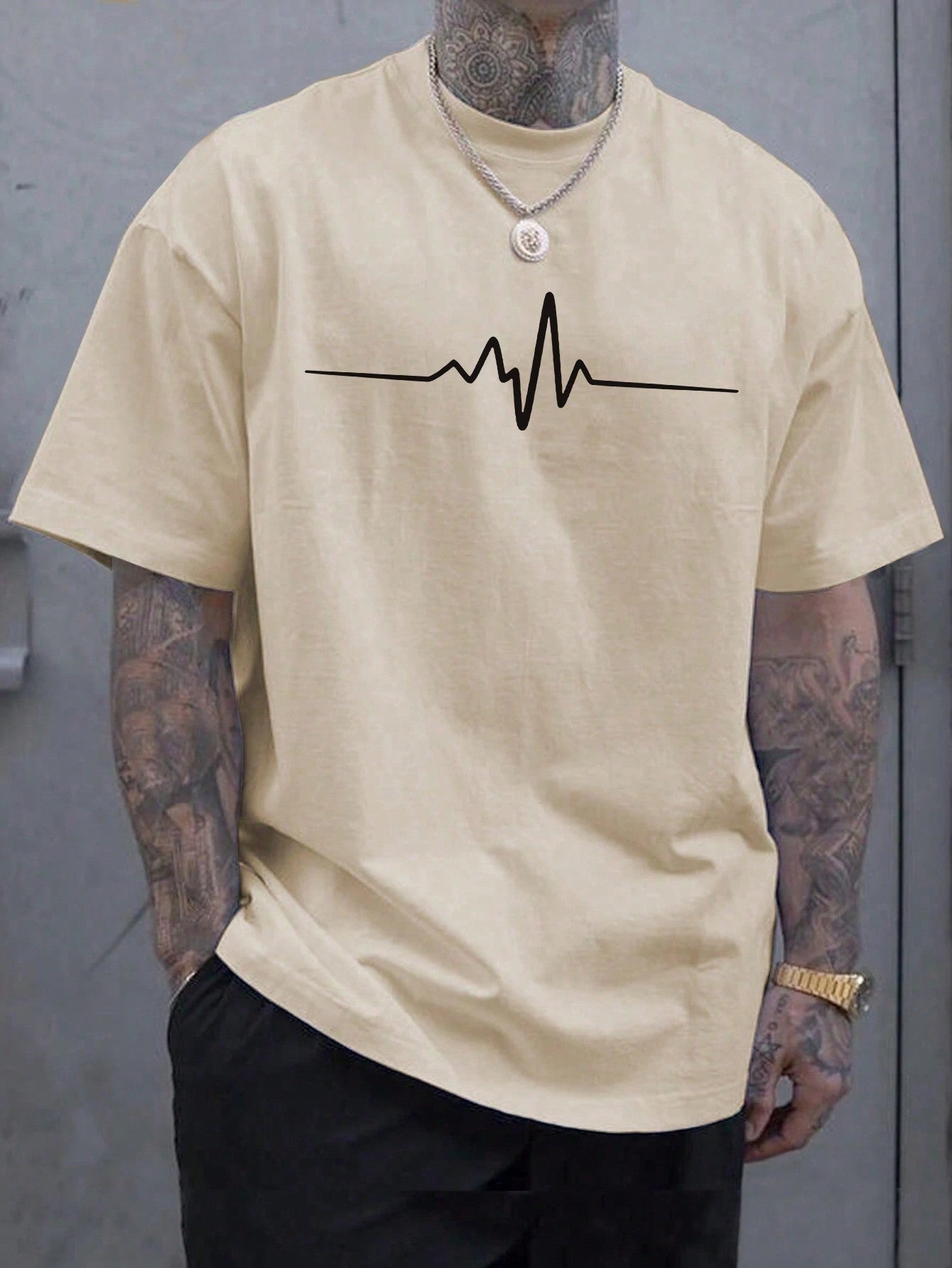 Men's Casual Summer T-Shirt EKG Heartbeat Print Round Neck Short Sleeve