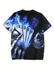 Men's Plus Size Floral Skull Flame Cards Graphic T-Shirt, Summer Short Sleeve