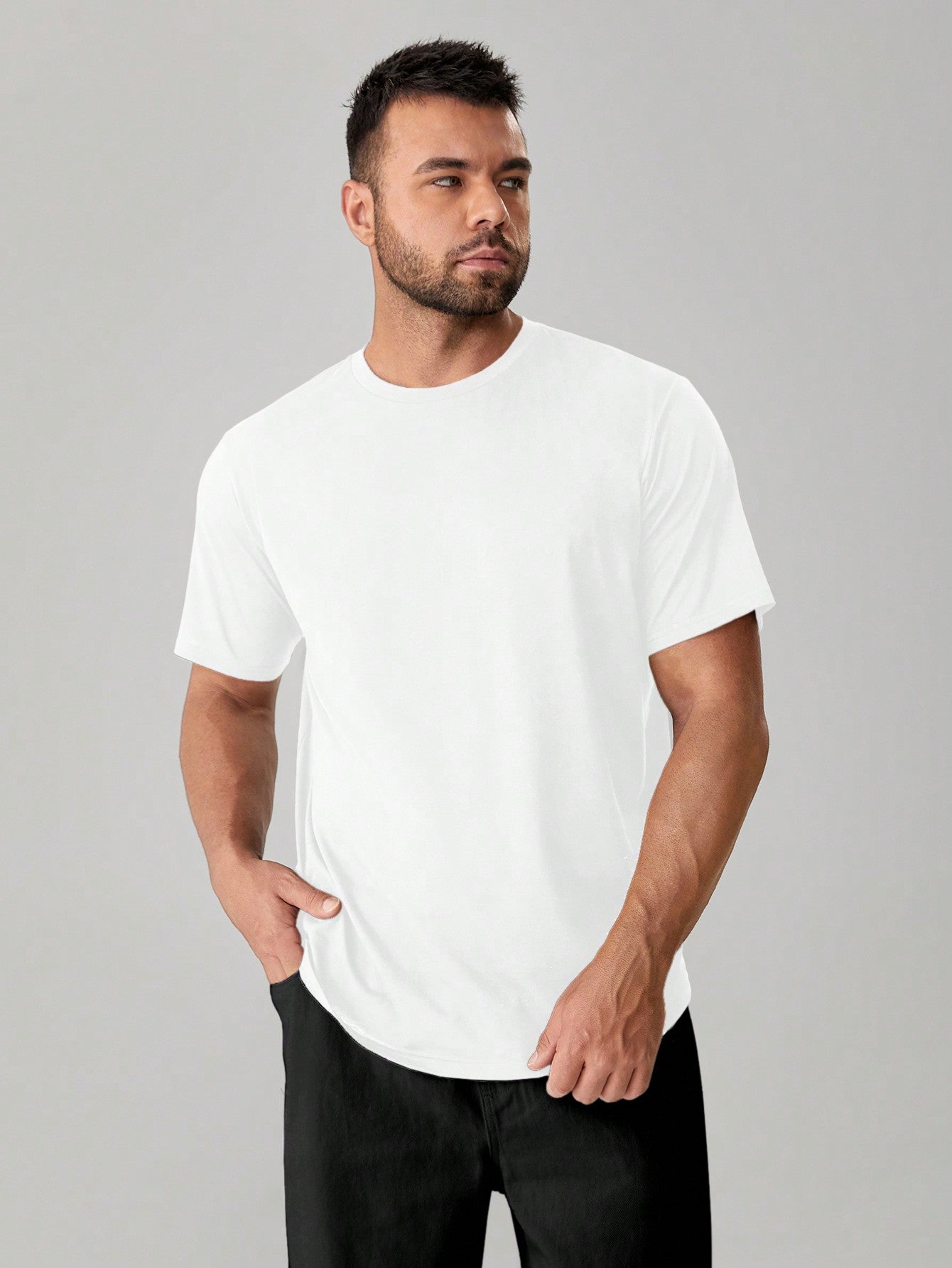 Men's Casual Solid Round Neck Tee, Short Sleeve, Regular Fit, Slight Stretch