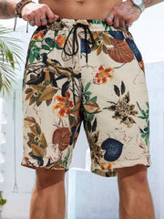 Men's Plus Size Boho Printed Drawstring Shorts with Pockets - All Over Print, Stretch Fabric