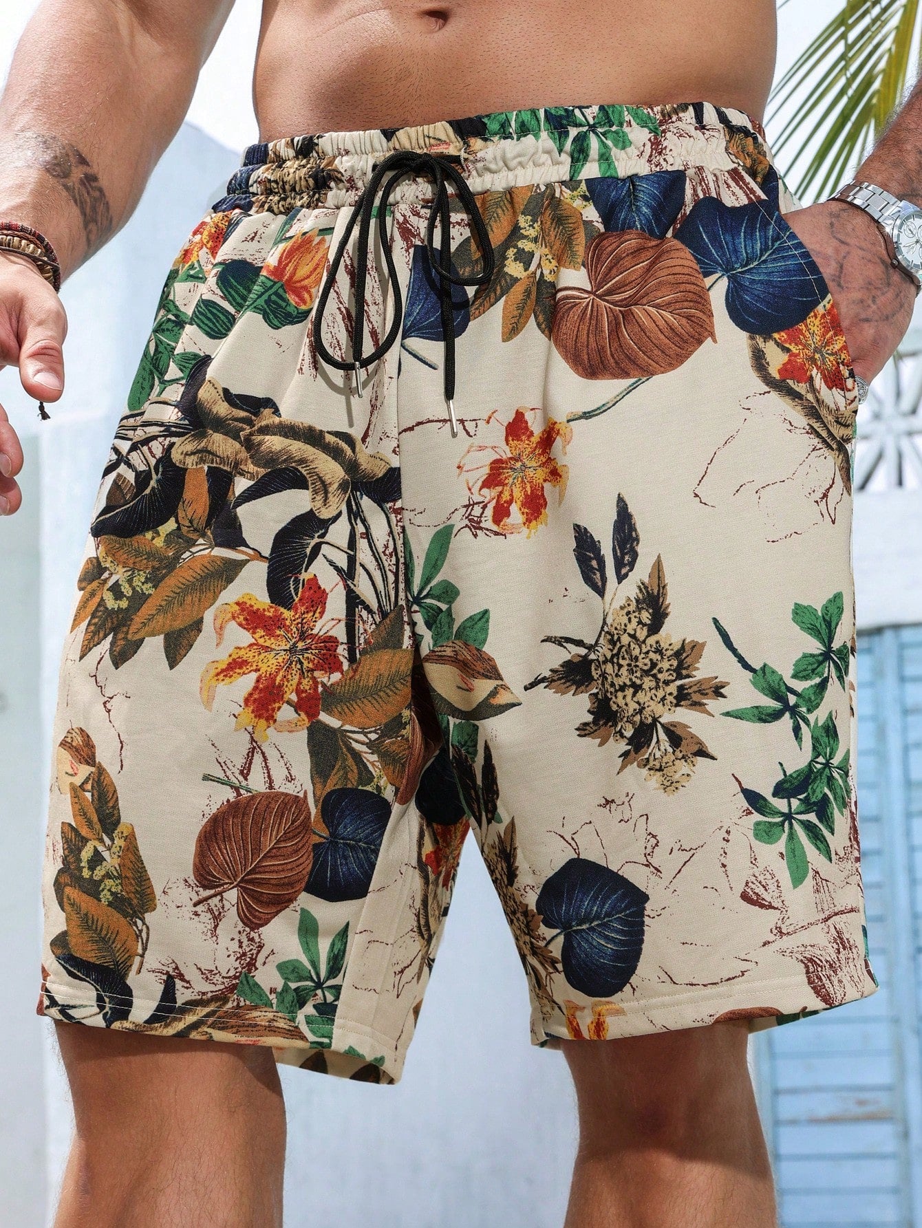 Men's Plus Size Boho Printed Drawstring Shorts with Pockets - All Over Print, Stretch Fabric