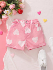 Tween Girl Dopamine Pink Heart Denim Skort - Wide Leg, Pockets, Zipper Fly