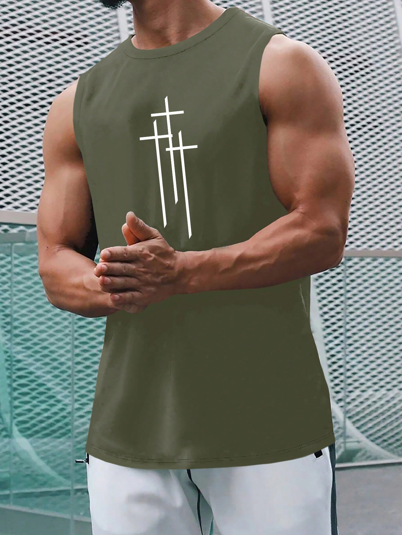 Men's Casual Summer Sleeveless Tank Top with Cross Print, Round Neck, Stretch Fabric