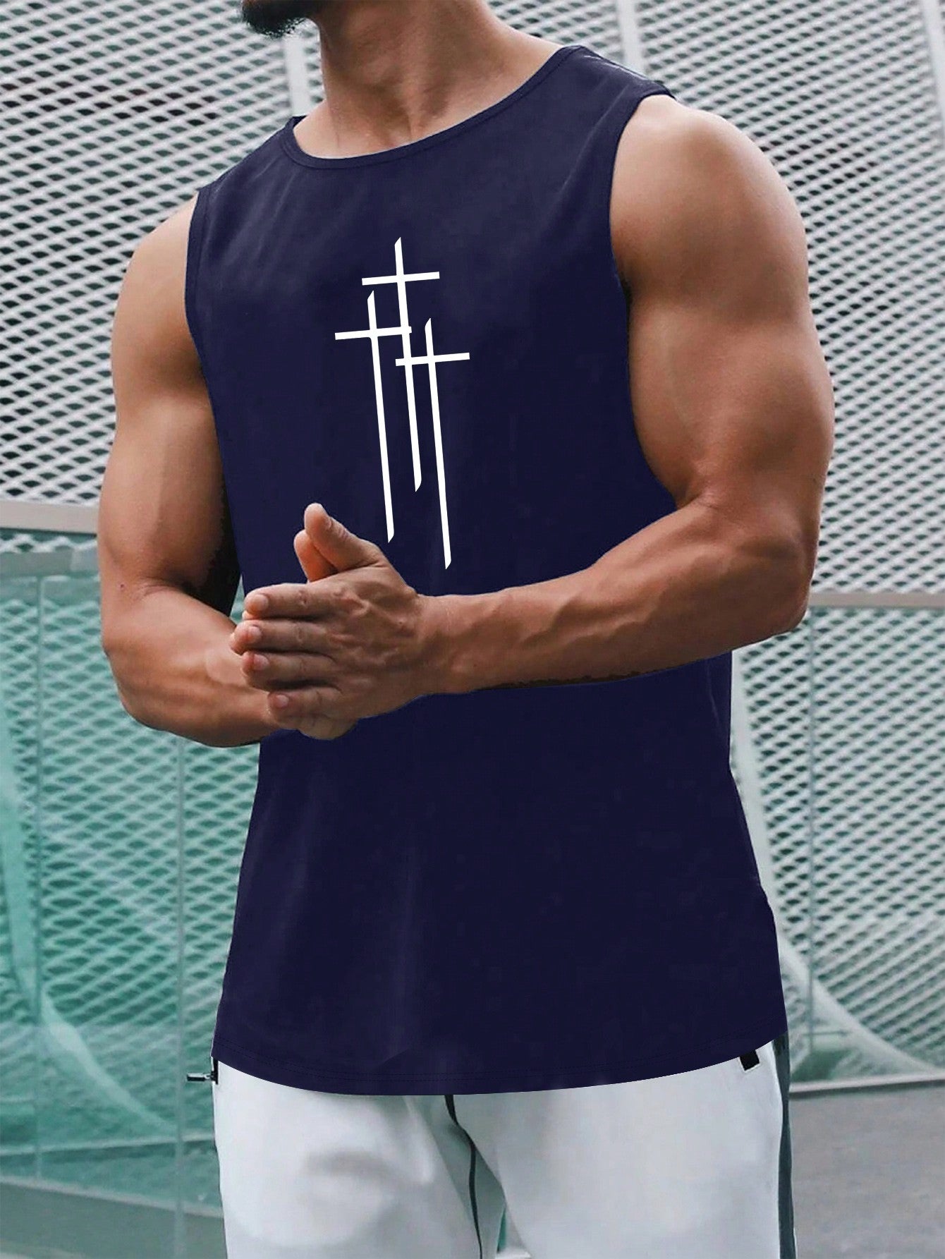 Men's Casual Summer Sleeveless Tank Top with Cross Print, Round Neck, Stretch Fabric