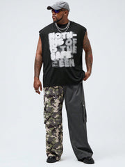 Plus Size Men's Casual Loose Knitted Sleeveless Tank Top with Letter Print