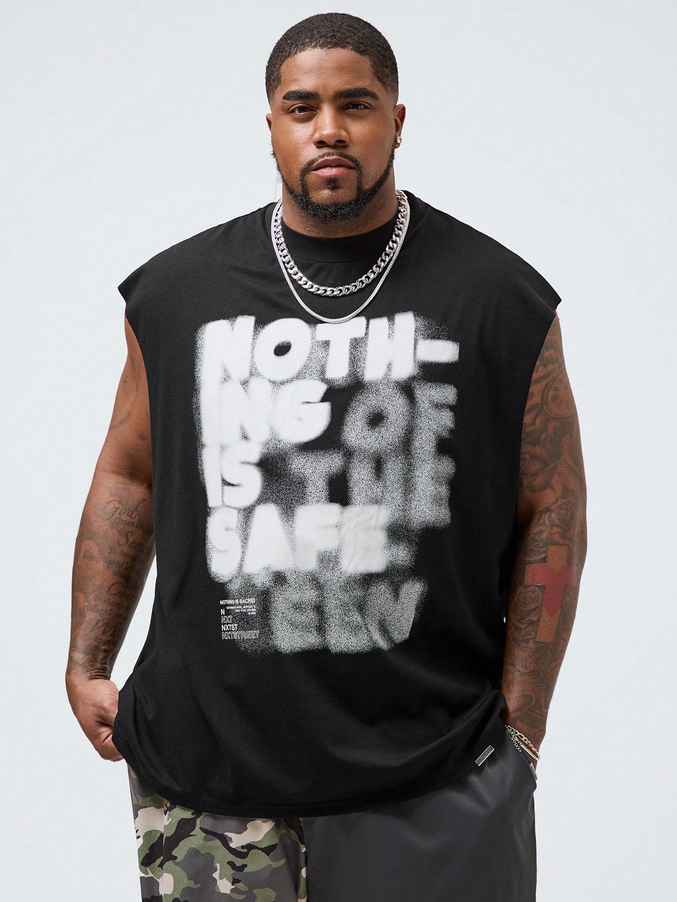 Plus Size Men's Casual Loose Knitted Sleeveless Tank Top with Letter Print