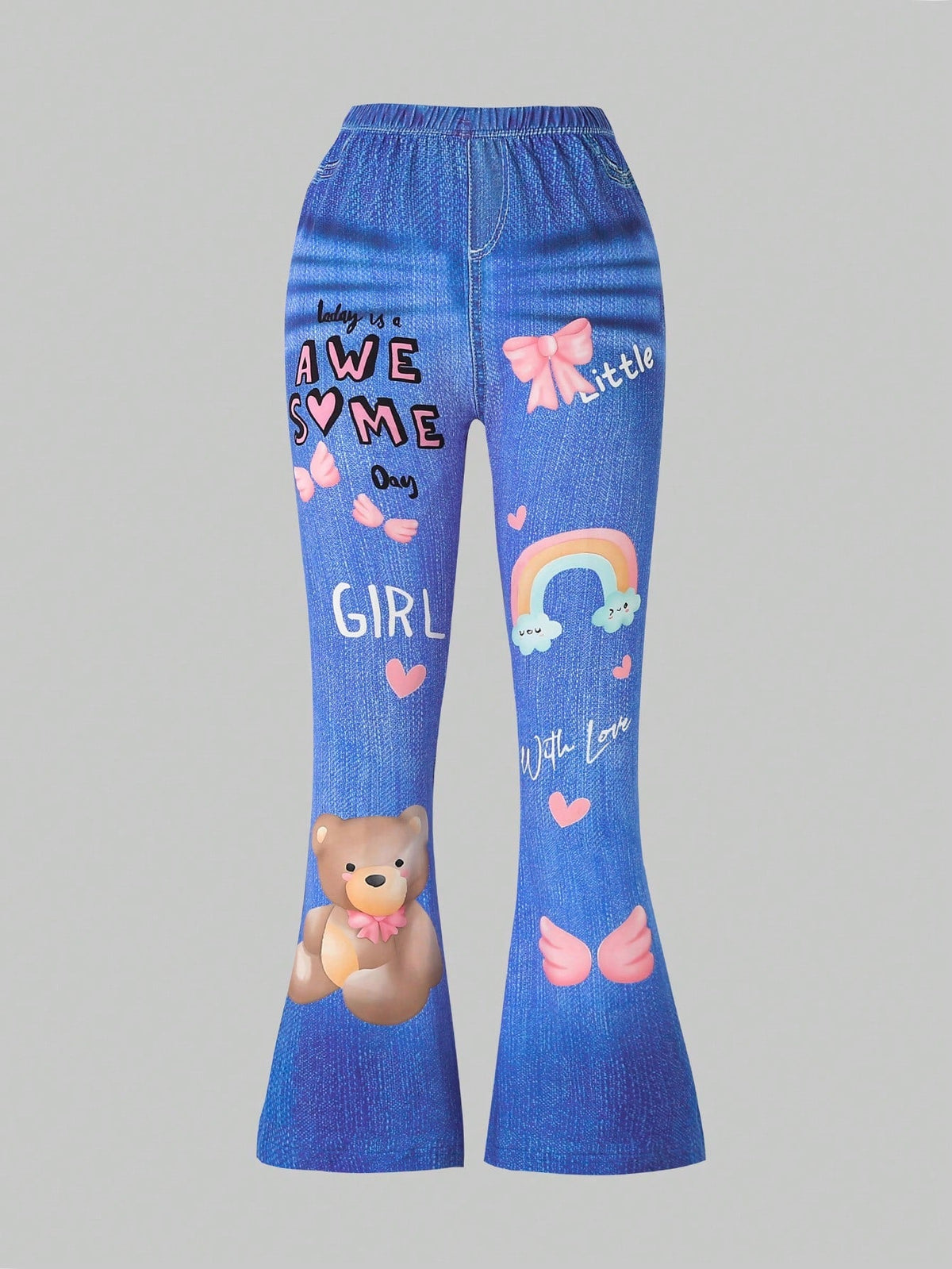 Tween Girls' Flared Jeans - Cartoon Animal Pattern, Medium Stretch, Spring/Fall