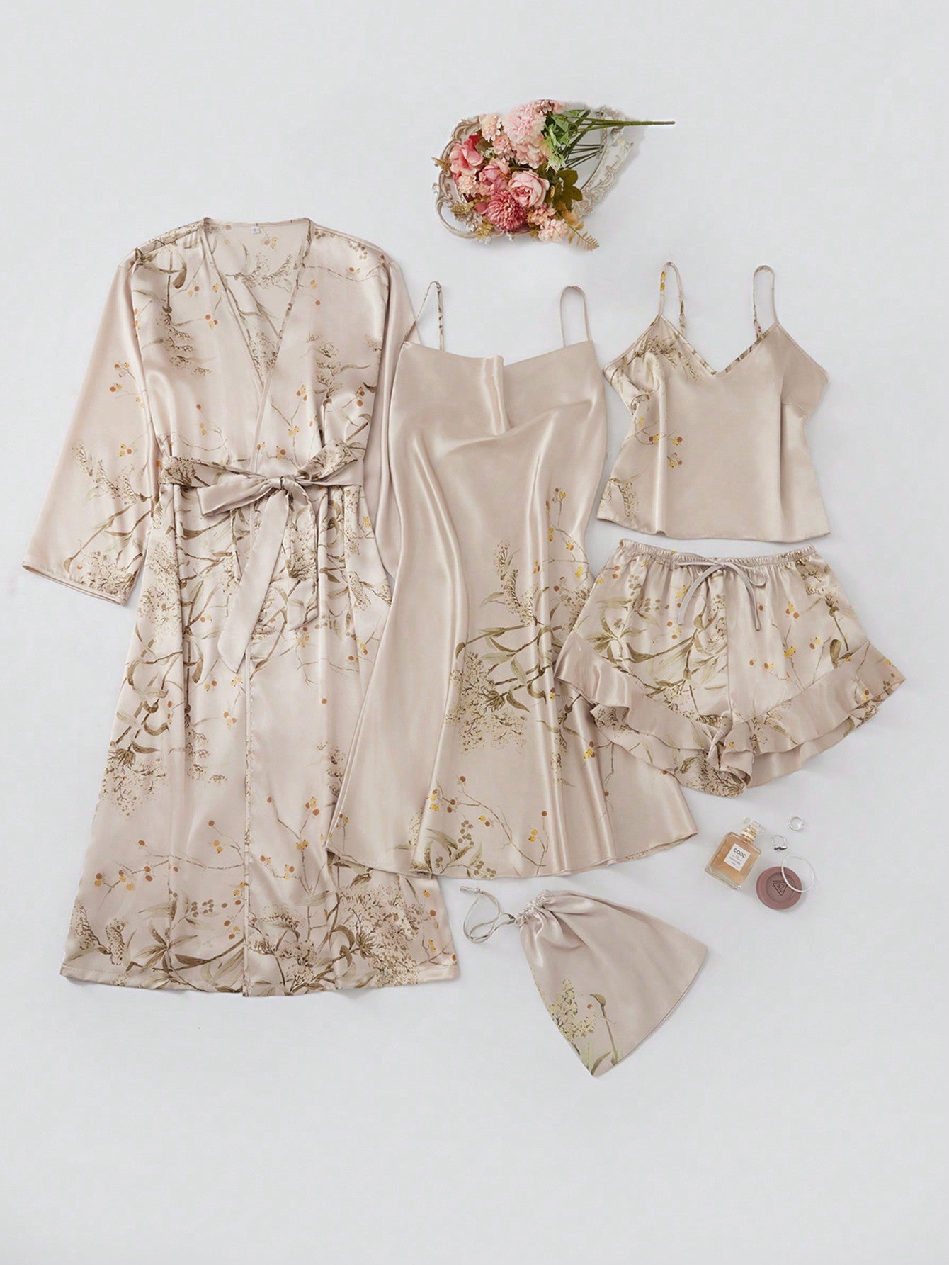 5PCS-Set Floral Print Satin Camisole Shorts, Camisole Dress, Robe And Storage Bag, Pajama Set