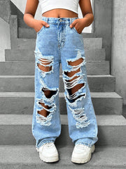 Tween Girls Boho Ripped Baggy Wide Leg Denim Jeans with Pockets - Summer Casual Wear