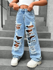 Tween Girls Boho Ripped Baggy Wide Leg Denim Jeans with Pockets - Summer Casual Wear