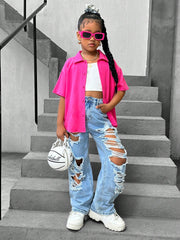 Tween Girls Boho Ripped Baggy Wide Leg Denim Jeans with Pockets - Summer Casual Wear