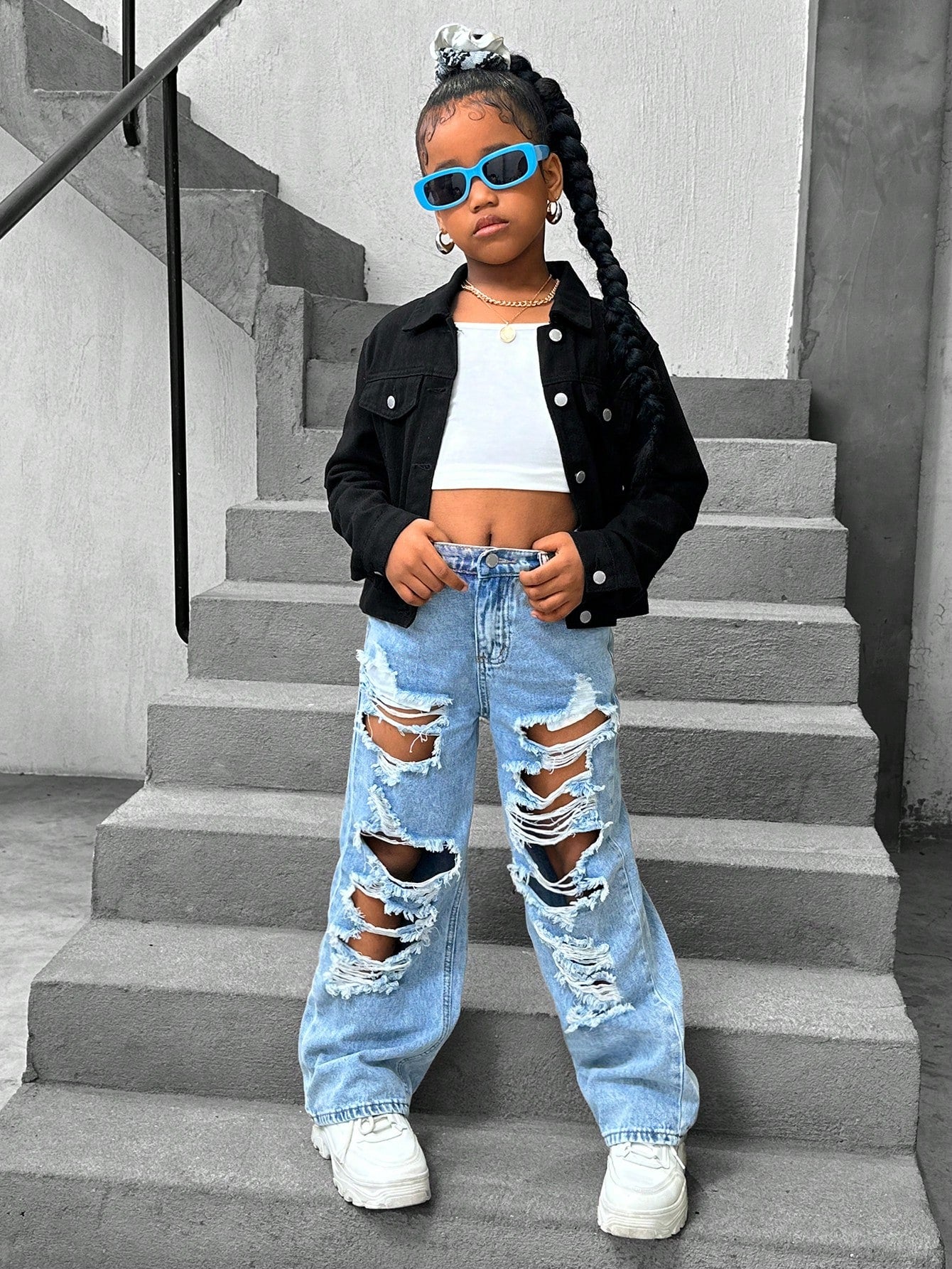 Tween Girls Boho Ripped Baggy Wide Leg Denim Jeans with Pockets - Summer Casual Wear