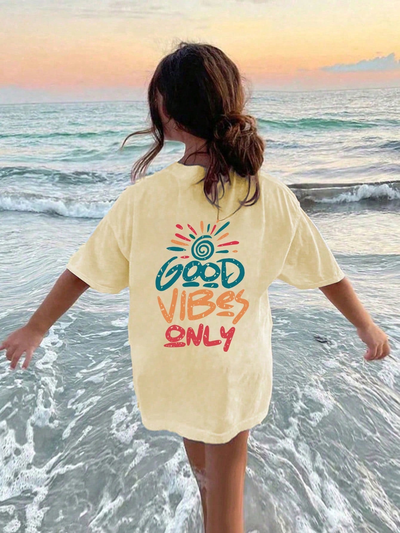 Tween Girl Casual Slogan Print Round Neck Short Sleeve Summer T-Shirt - Knitted Fabric