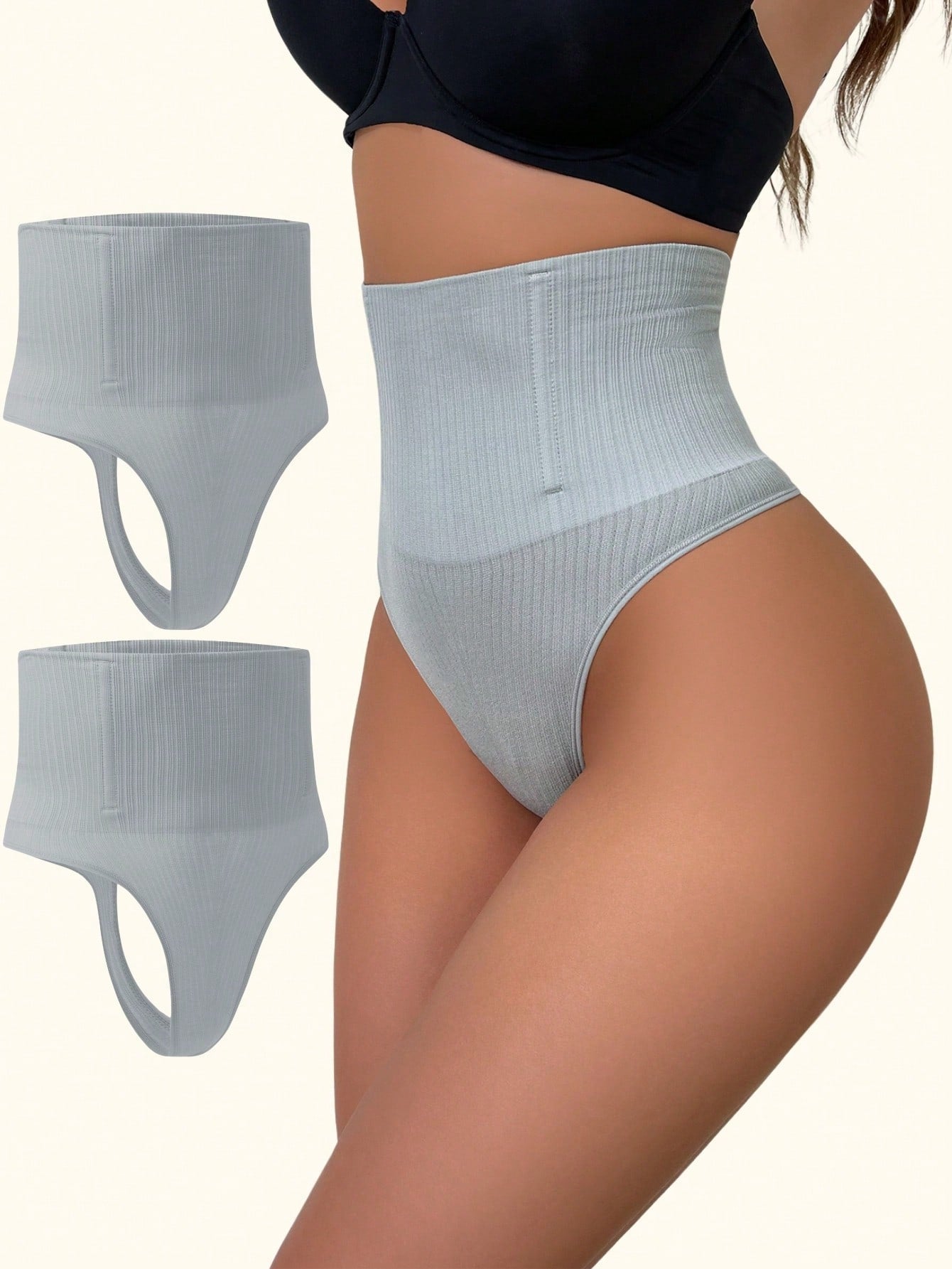 2pcs High Waist Tummy Control Thong Shapewear with Steel Bone Support