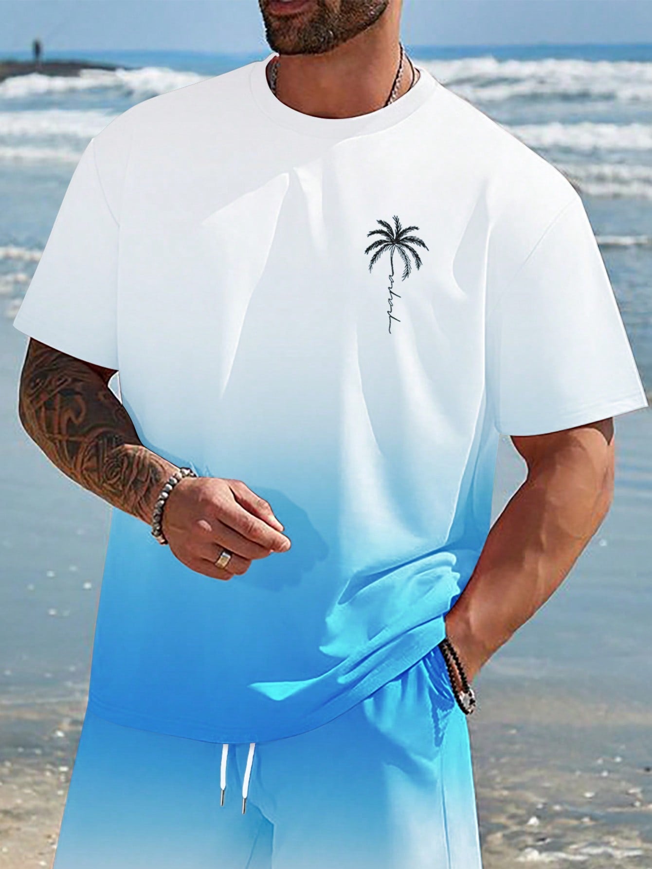 Men's Casual Tropical Palm Tree Print Short Sleeve Round Neck T-Shirt