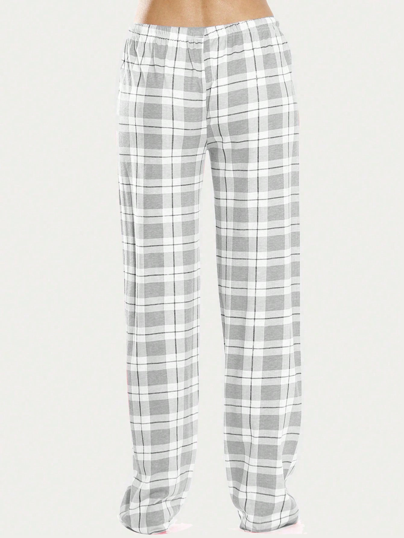 1pc Grey Plaid Sleep Pants, Classic Plaid Homewear & Lounge Loose Women's Long Pants