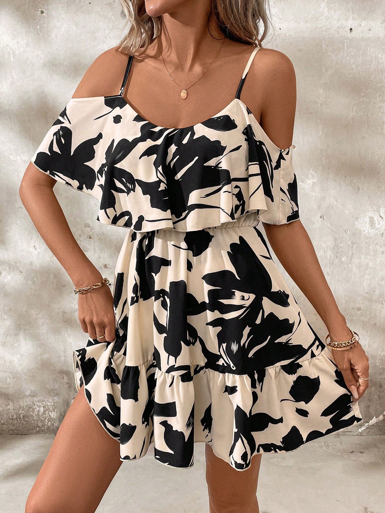 Romantic Flower And Plant Printed Off-The-Shoulder Ruffle Strap Vacation Summer Dress Dresses Graduation