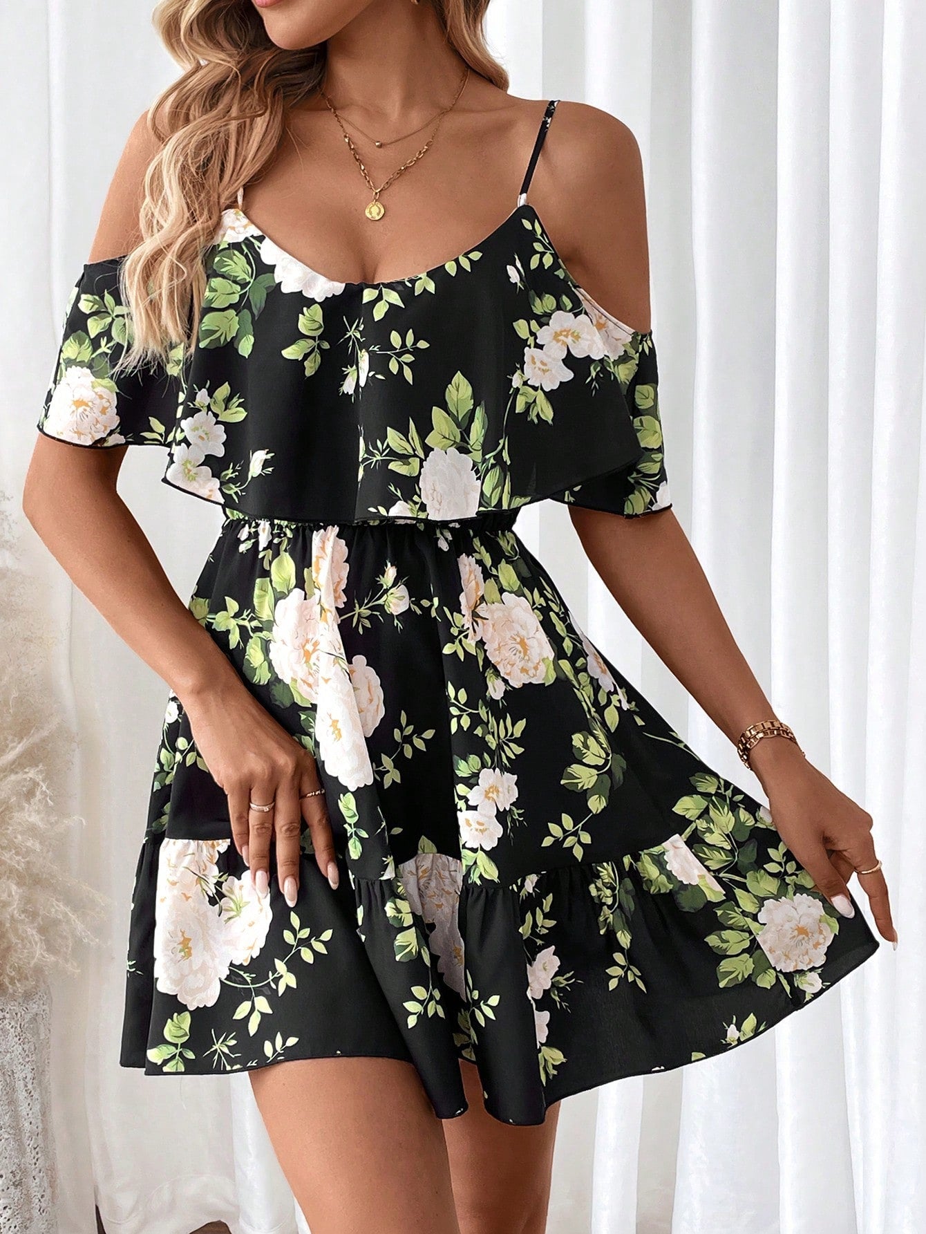 Romantic Flower And Plant Printed Off-The-Shoulder Ruffle Strap Vacation Summer Dress Dresses Graduation