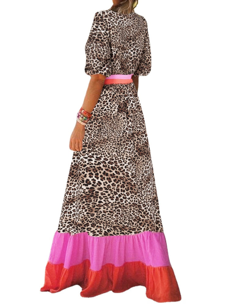 Splicing Casual Raglan Sleeve Leopard Loose Maxi Dress For Women