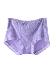 Women Solid Color Lace Full Hip High Waist Panties