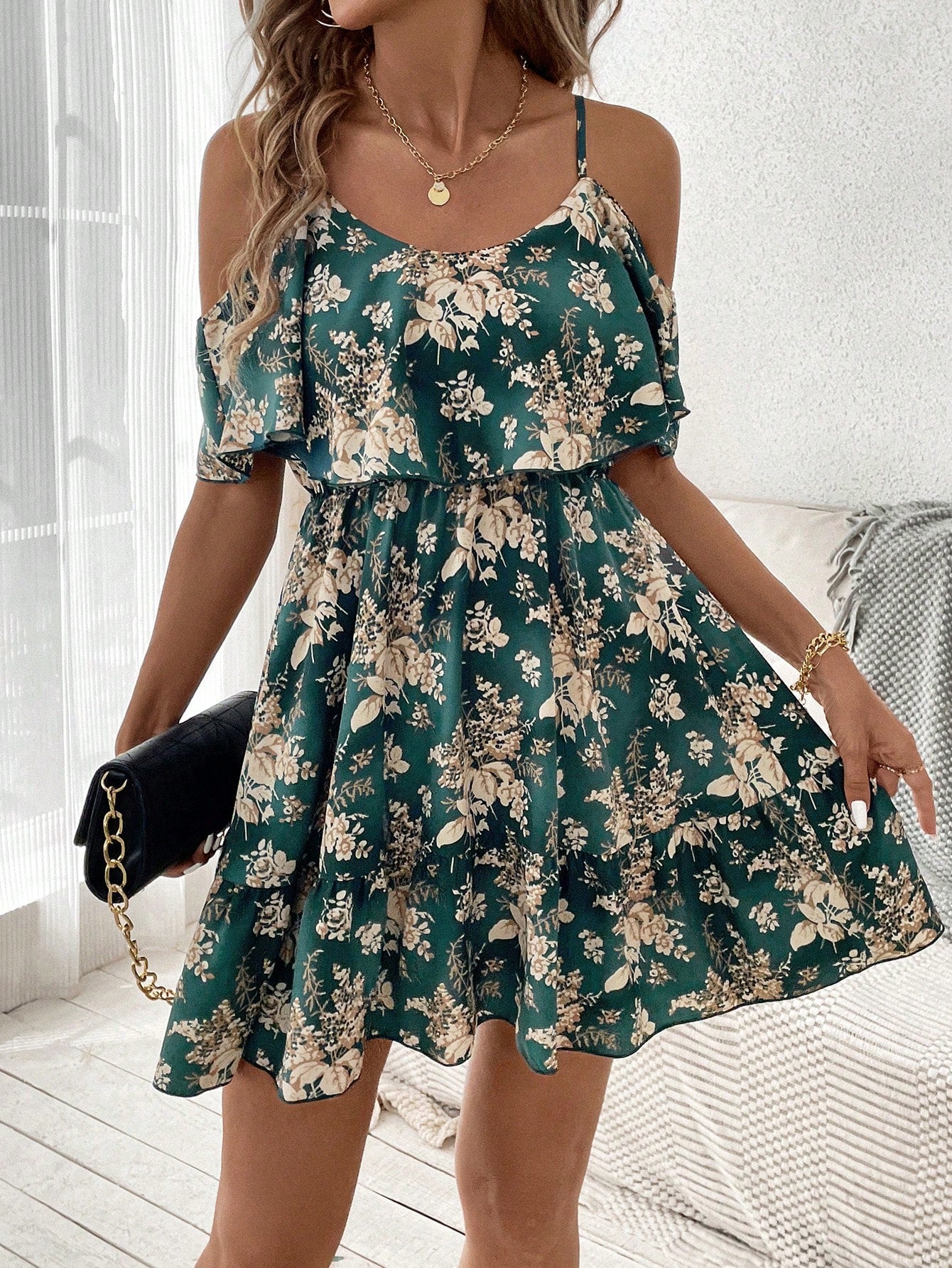 Romantic Flower And Plant Printed Off-The-Shoulder Ruffle Strap Vacation Summer Dress Dresses Graduation