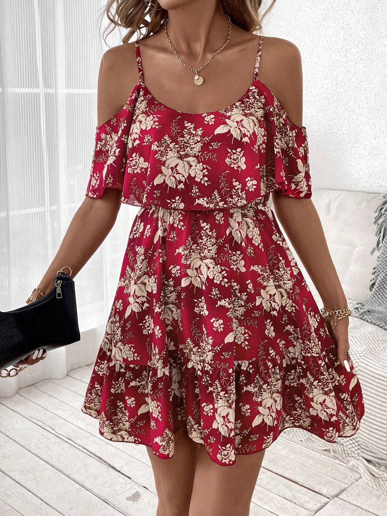 Romantic Flower And Plant Printed Off-The-Shoulder Ruffle Strap Vacation Summer Dress Dresses Graduation