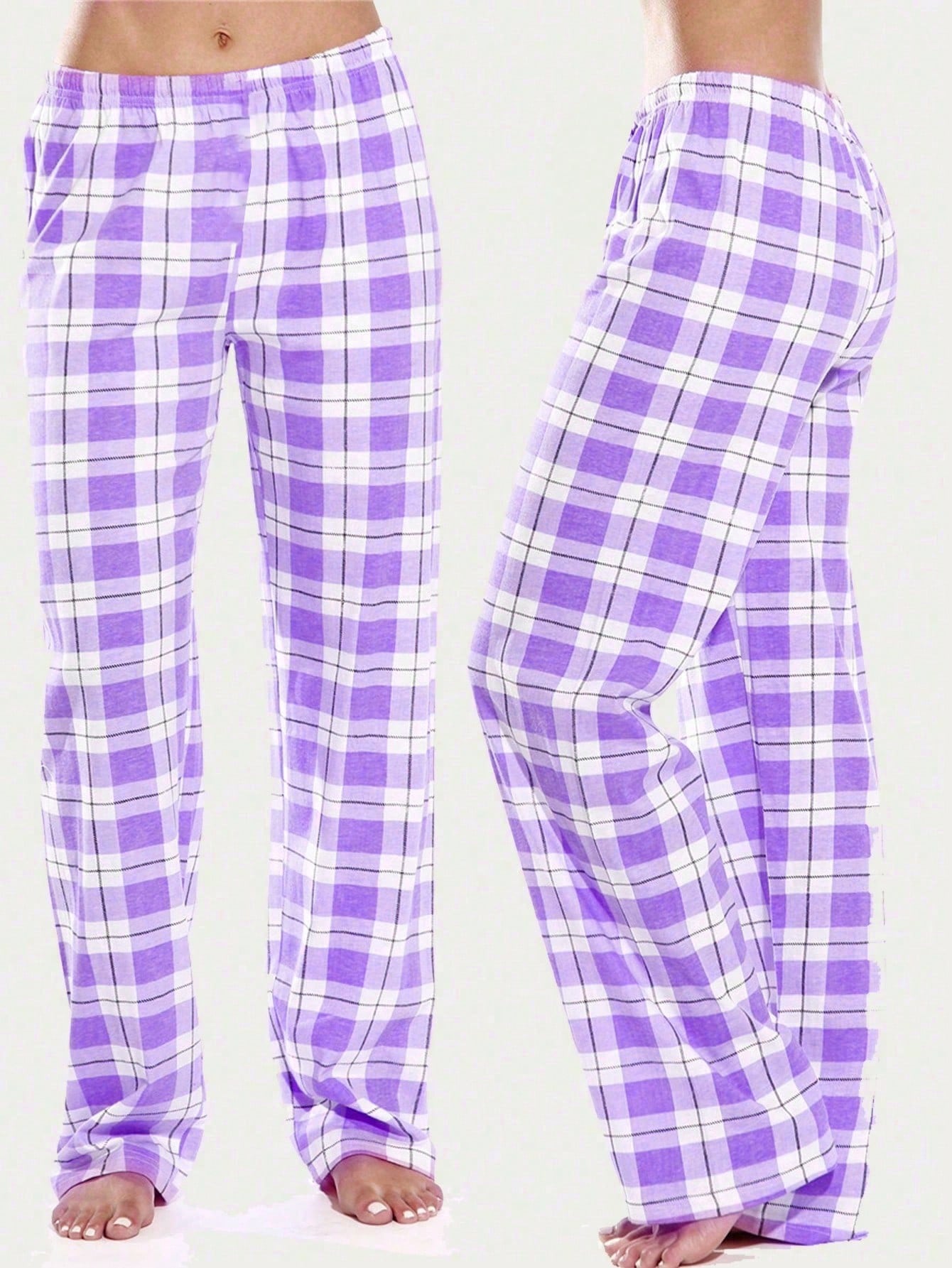 1pc Grey Plaid Sleep Pants, Classic Plaid Homewear & Lounge Loose Women's Long Pants