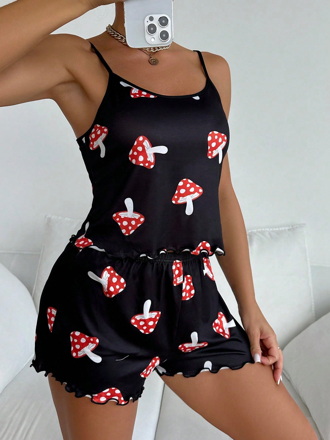 Women's Cartoon Mushroom Printed Camisole Tank Top And Shorts Pajama Set