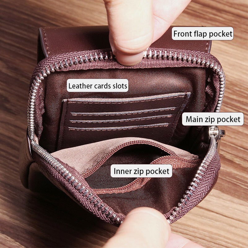 Men Vintage Lightweight Multi-pocket Genuine Leather Mini Wallet Purse 6.5 Inch Phone Bag Waist