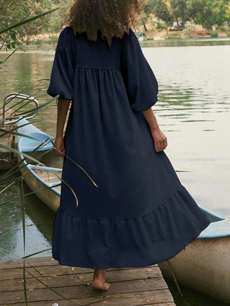 Women Cotton Solid Color Tie Neck Puff Sleeve Ruffle Hem Simple Maxi Dresses