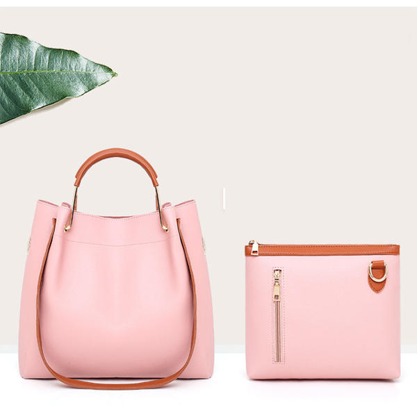 Women Leisure Faux Leather 2 Pcs Bucket Bag Crossbody Shoulder Handbag