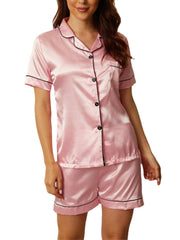 Plus Size Women Solid Color Revere Collar Smooth Home Casual Faux Silk Pajama Set