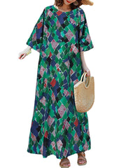 Vintage Geometry Print O-neck Half Sleeve Bohemia Maxi Dress