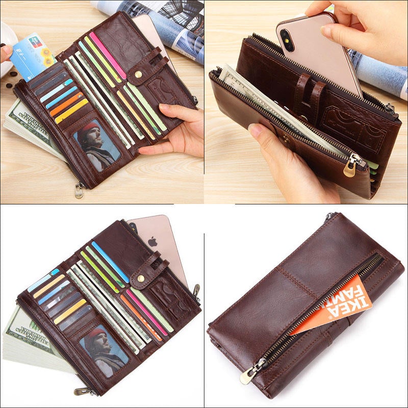 Men Genuine Leather Vintage Long Wallet Phone Bag Card Holder Photo Pocket