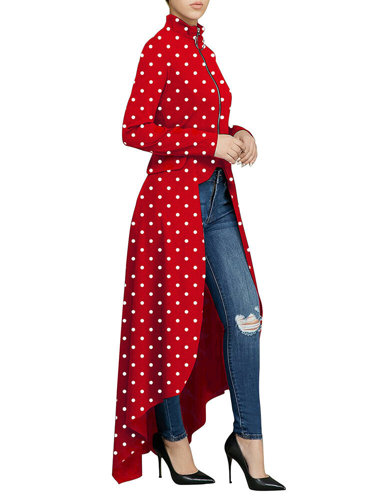 Polka Dot Zipper Long Sleeve High Low Hem Shirt Dress