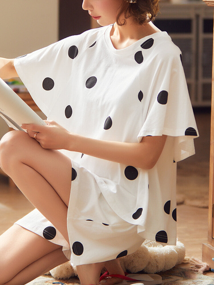 Women Polka Dot Print Round Neck Short Sleeve Shorts Casual Pajama Sets